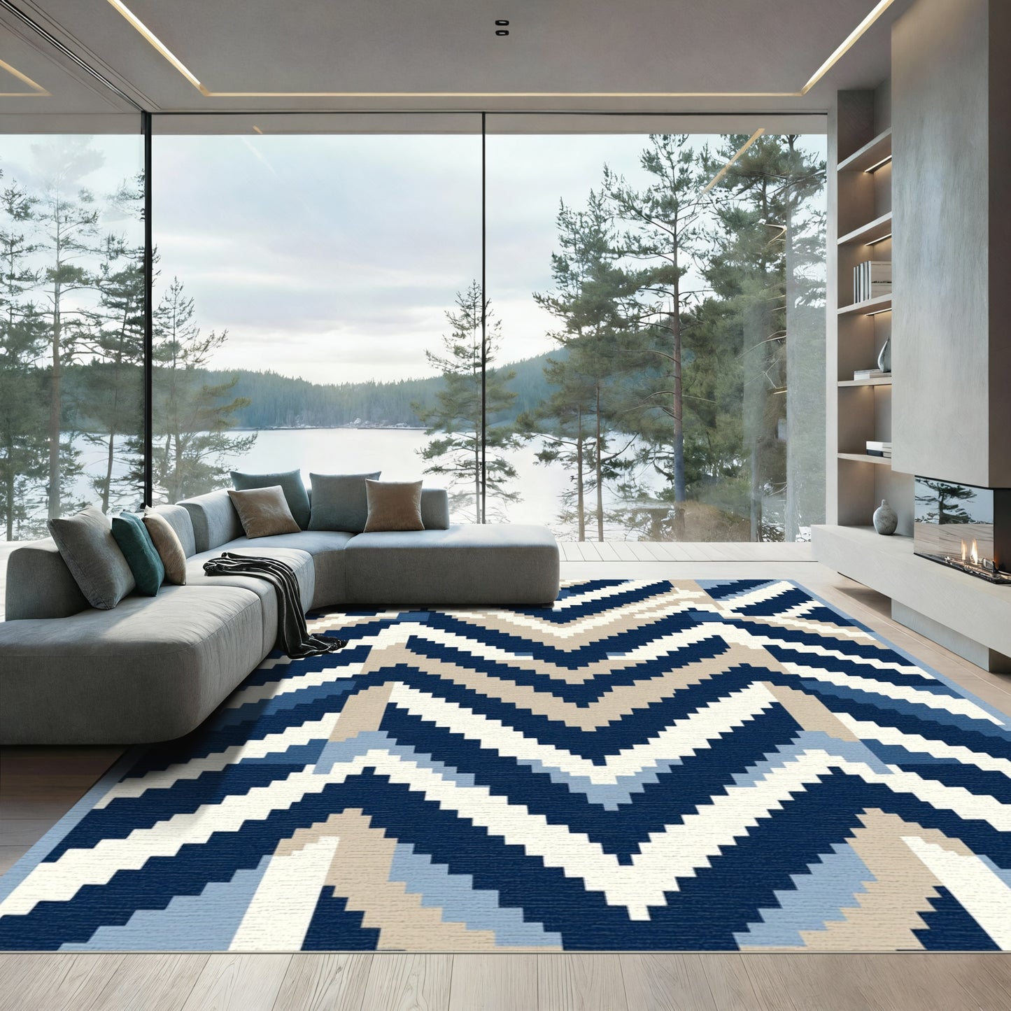 Navy Blue Beige Chevron Geometric Rug