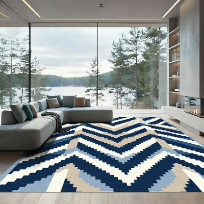 Navy Blue Beige Chevron Geometric Rug