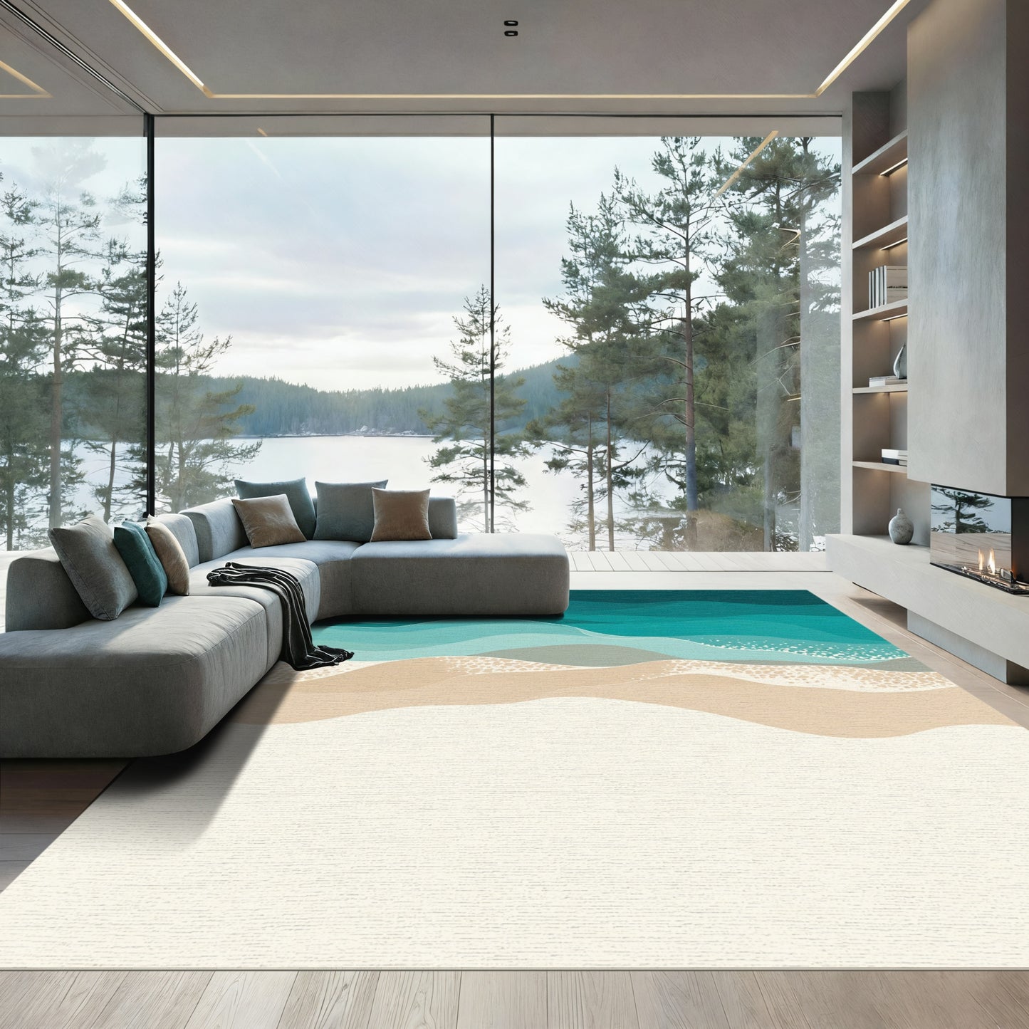 Serene Teal Ocean Abstract Coastal Rug
