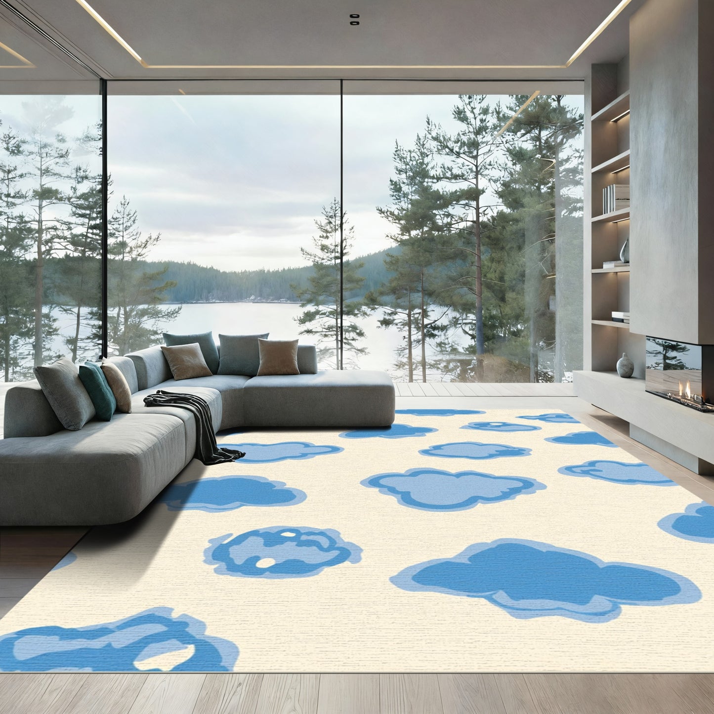 Blue Clouds Creamy Sky Pattern Rug