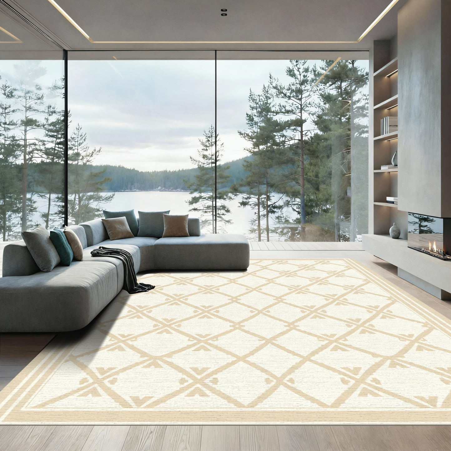Neutral Diamond Lattice Border Rug