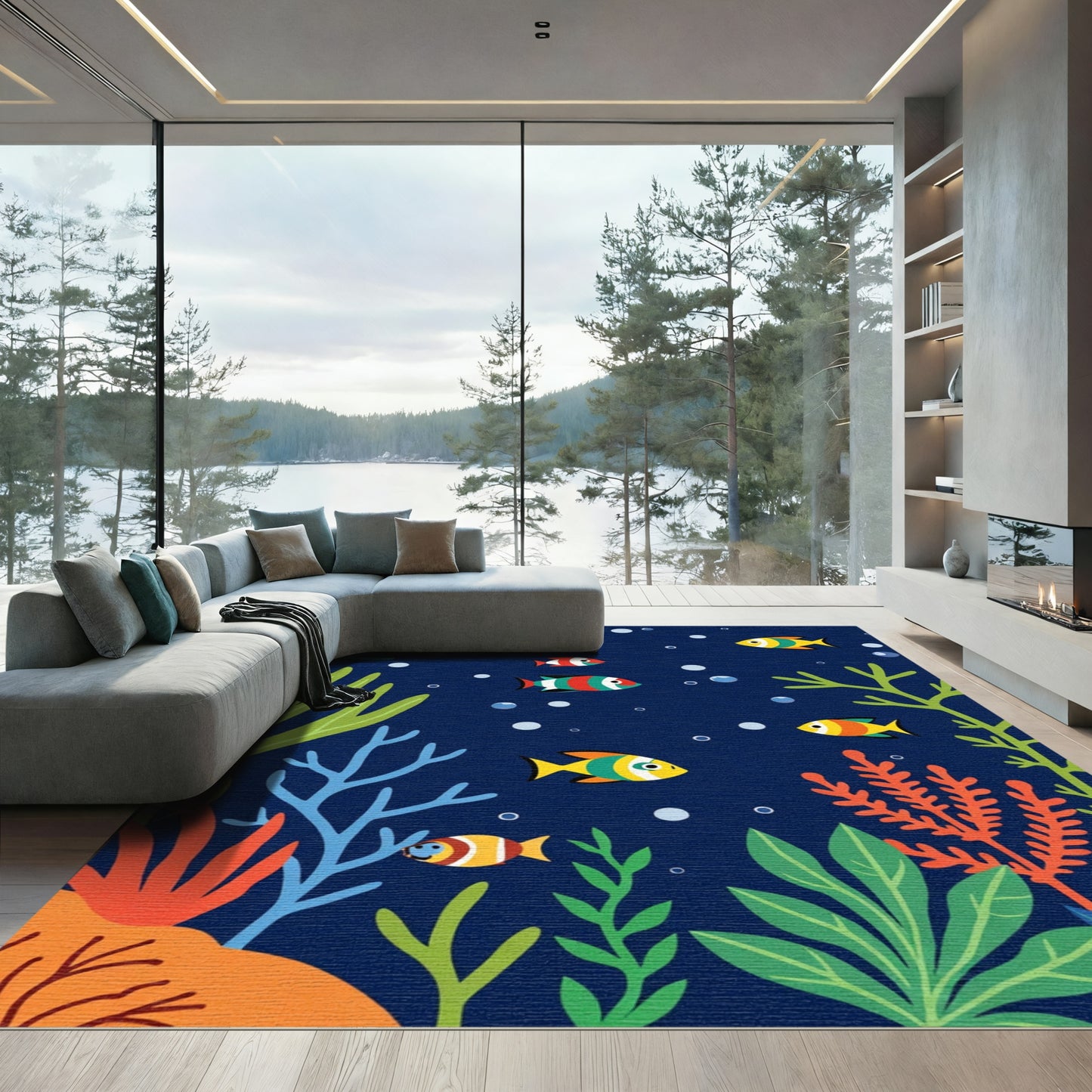 Colorful Coral Reef Fish School Rug