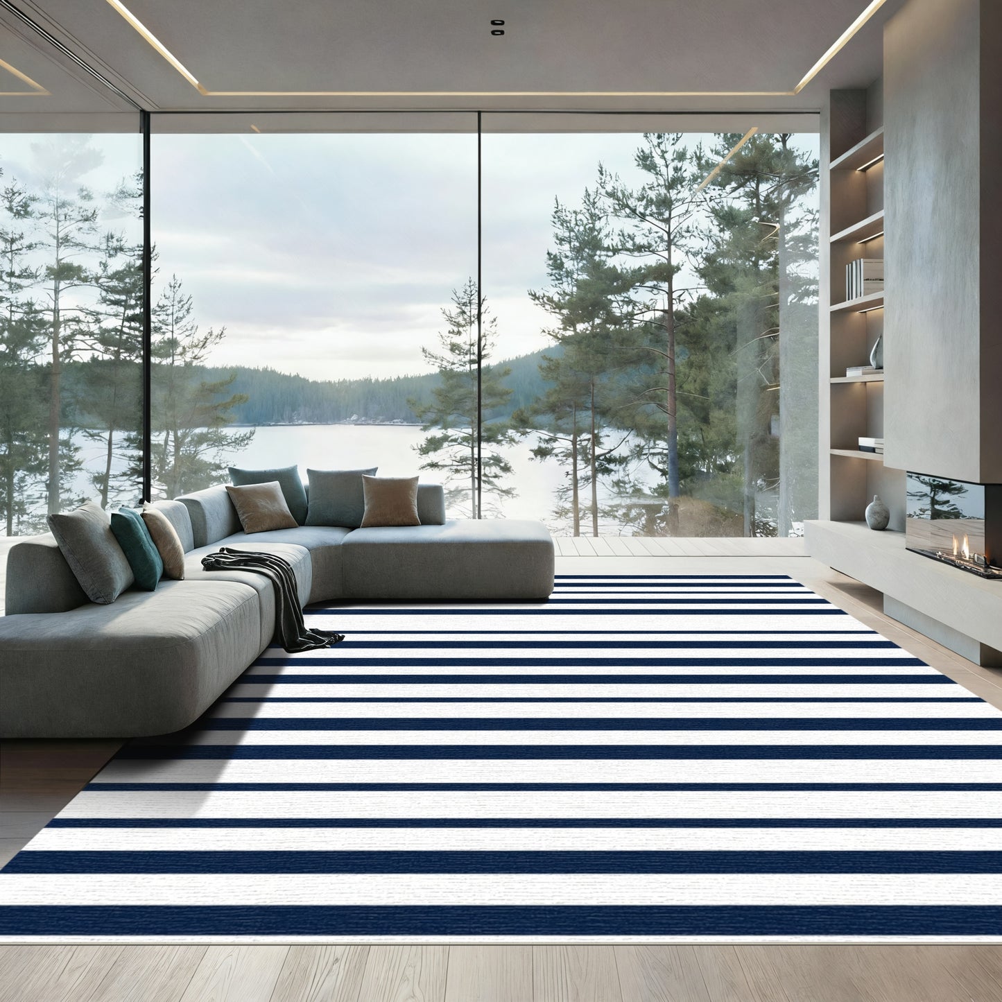 Classic Navy White Striped Rug