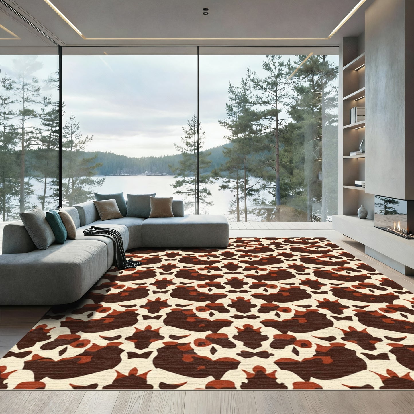 Deep Brown Abstract Ochre Symmetry Rug