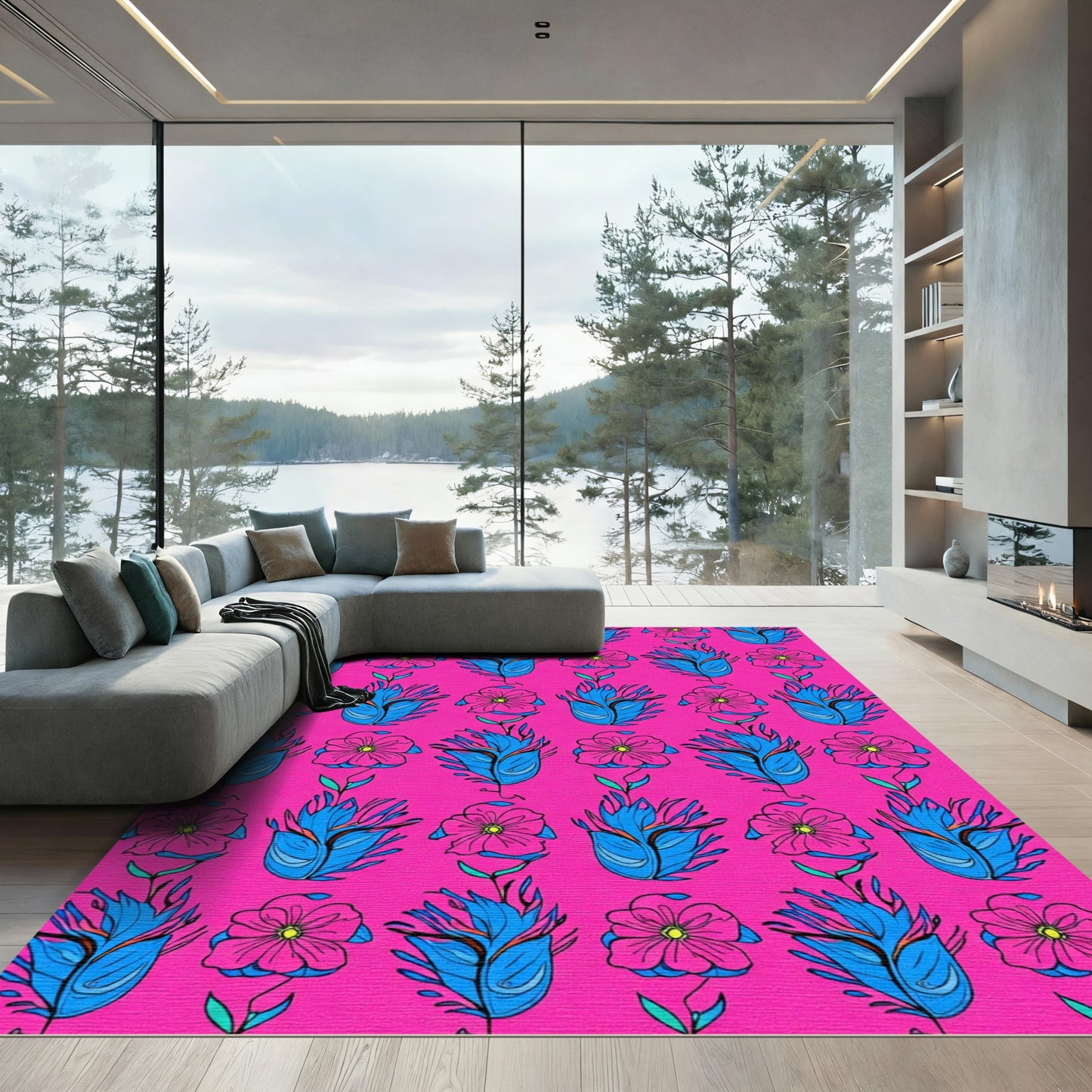 Hot Pink Blue Floral Arrangement Rug