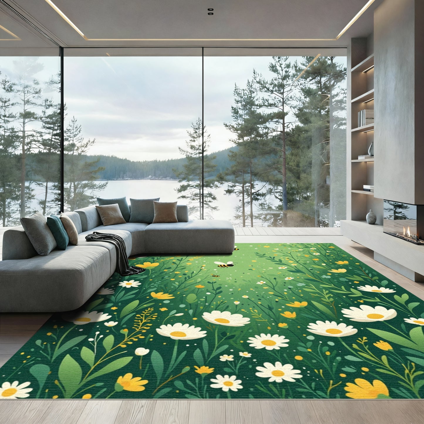 Whimsical Green Garden Bee Blossom Rug
