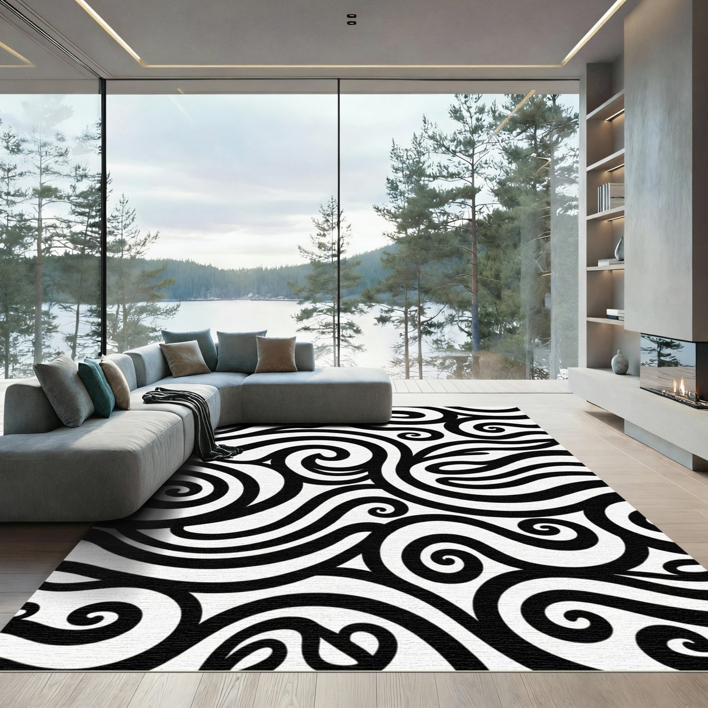 Black White Swirling Organic Curves Rug