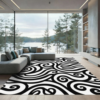 Black White Swirling Organic Curves Rug