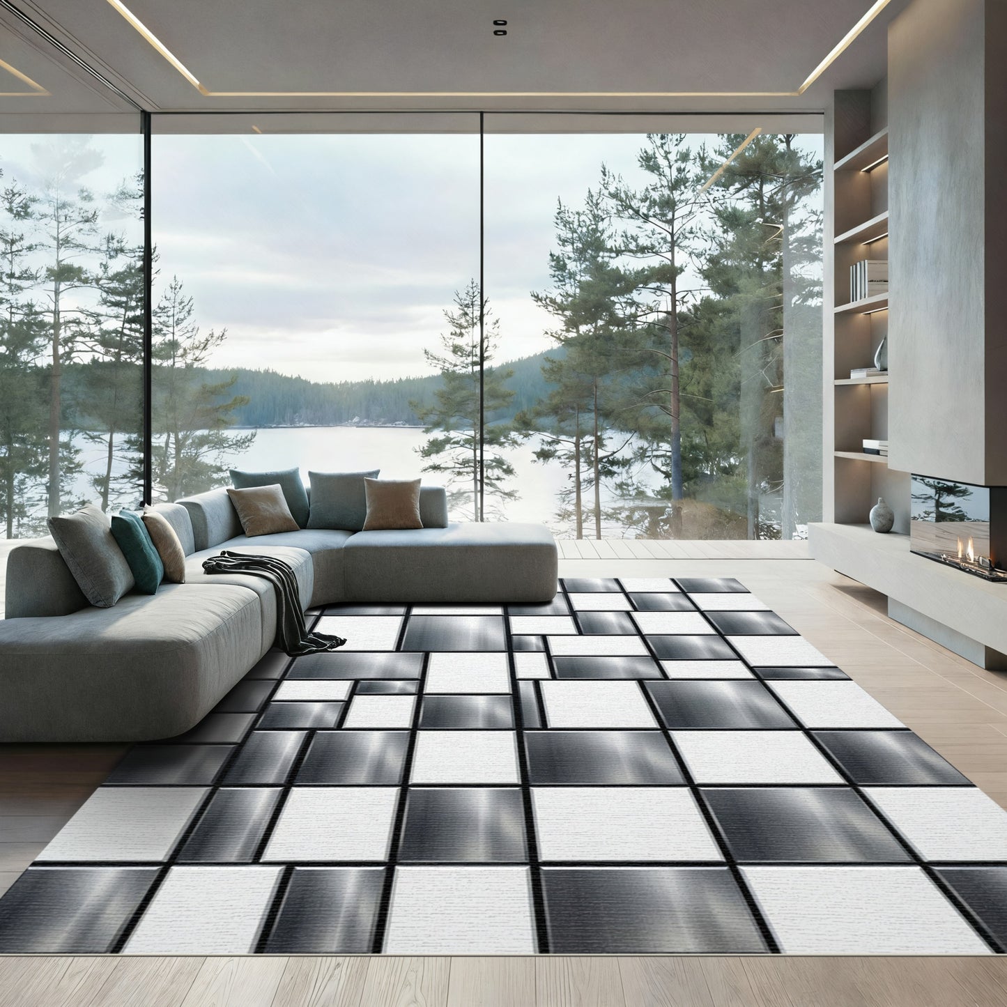 Monochrome Geometric Block Composition Rug