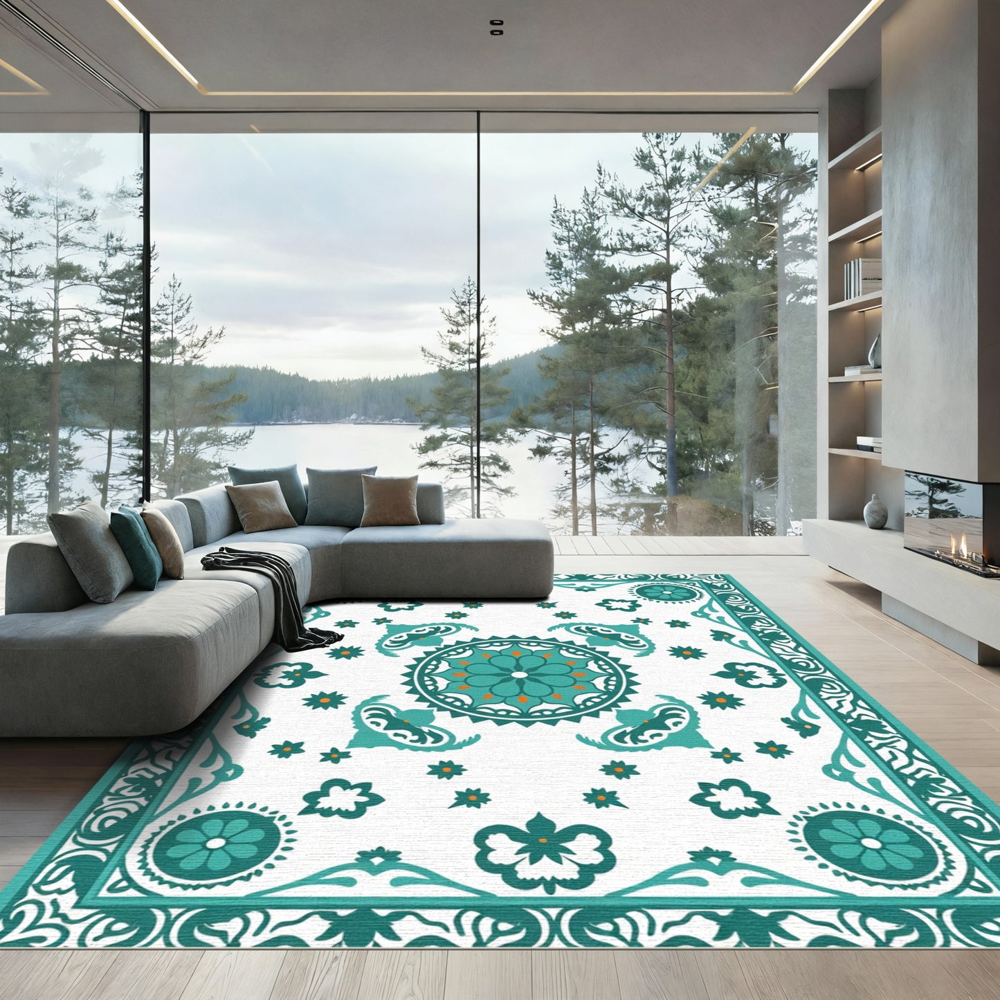 Teal Orange Floral Medallion Border Rug