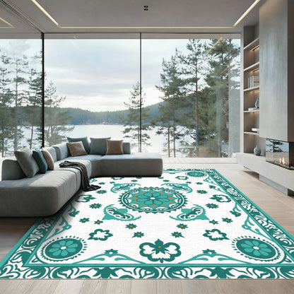 Teal Orange Floral Medallion Border Rug