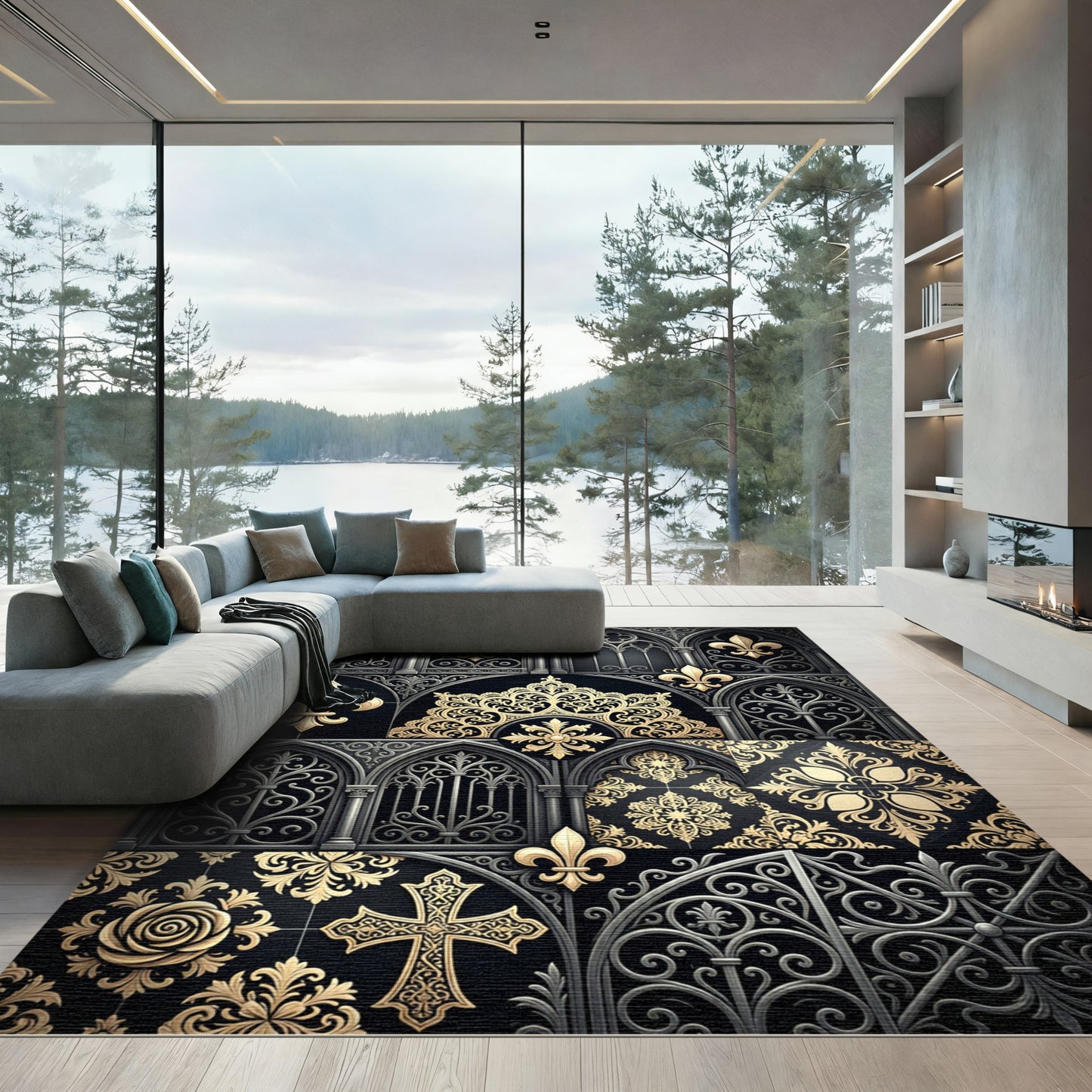 Gothic Black Gold Fleur-de-lis Cross Rug