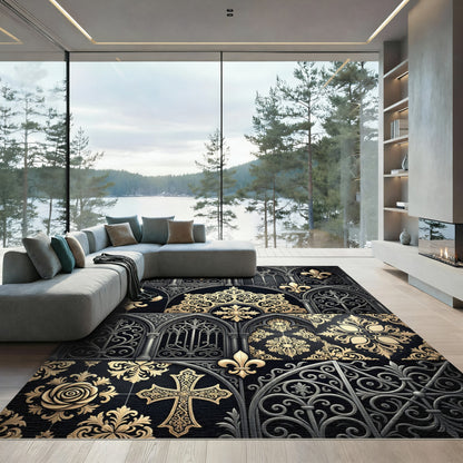 Gothic Black Gold Fleur-de-lis Cross Rug