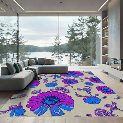 Vibrant Magenta Blue Retro Floral Swirls Rug