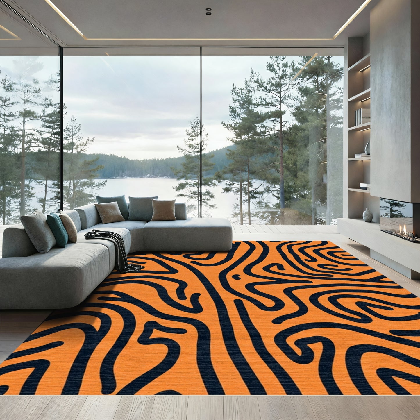 Vibrant Orange Abstract Contour Rug
