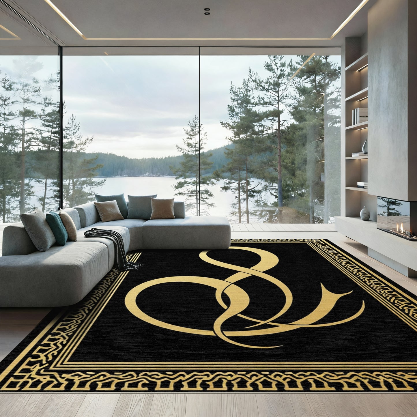 Black Gold Abstract Ampersand Frame Rug