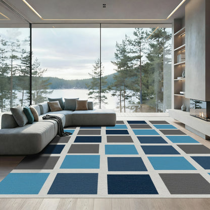 Modern Blue Gray Grid Composition Rug