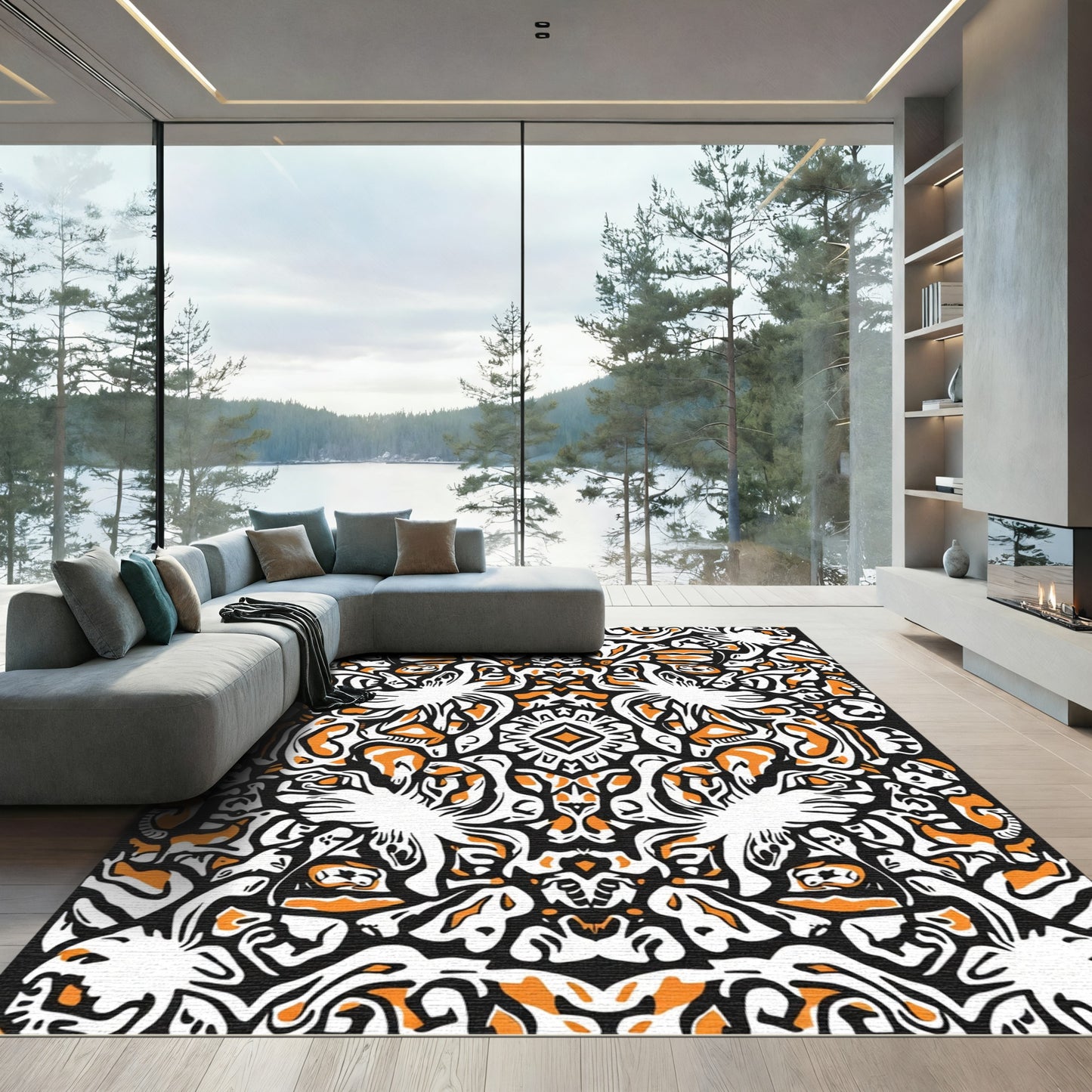 Bold Orange White Tribal Medallion Rug
