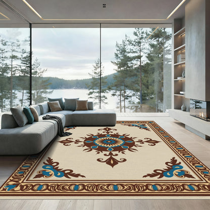Brown Blue Floral Medallion Border Rug