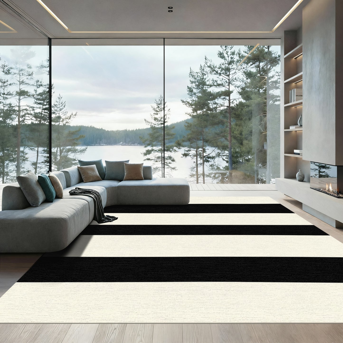 Bold Black Cream Horizontal Stripes Rug