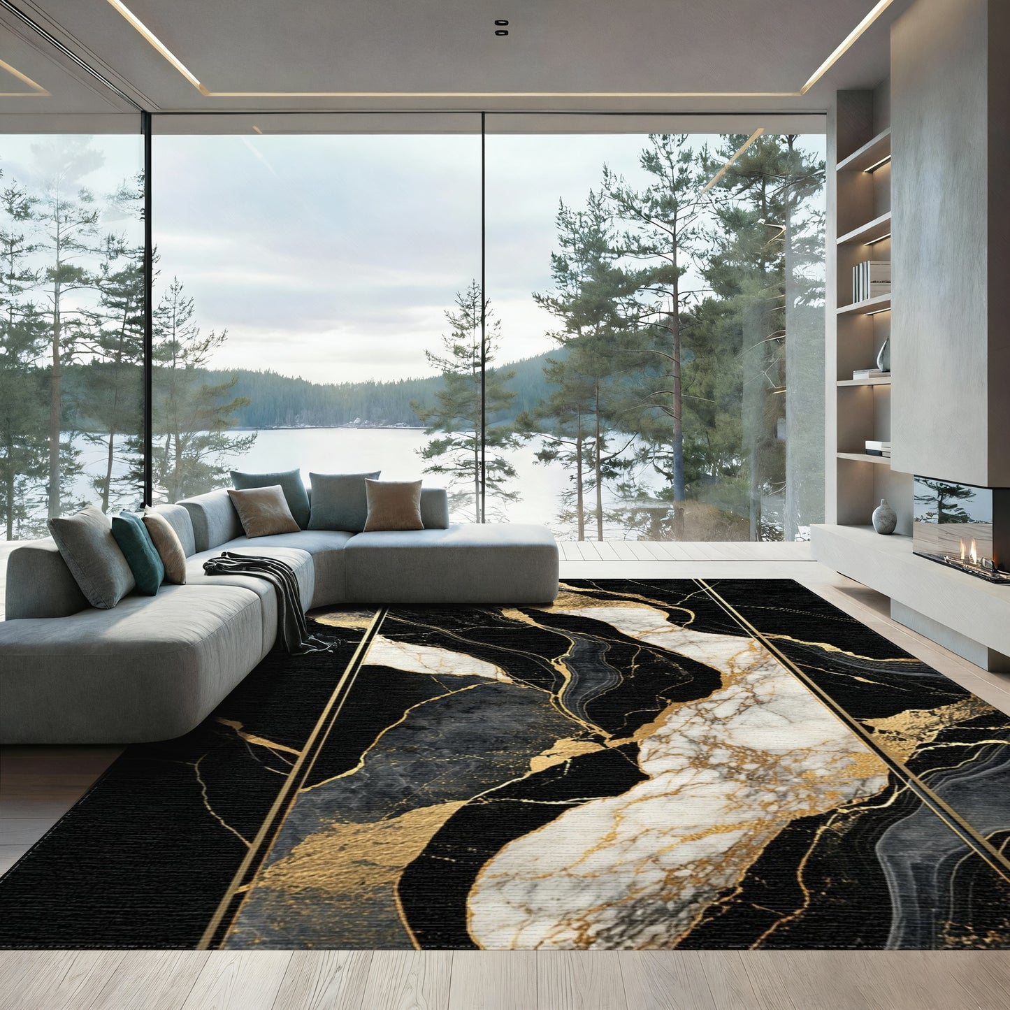 Black Gold White Veined Marble Rug