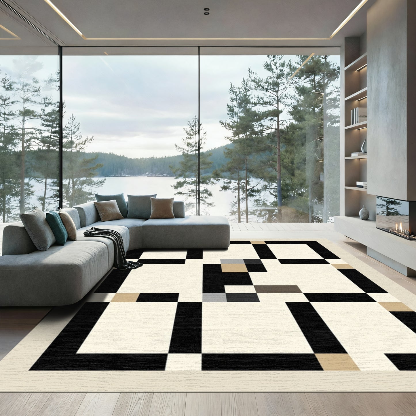 Abstract Black Tan Square Grid Rug
