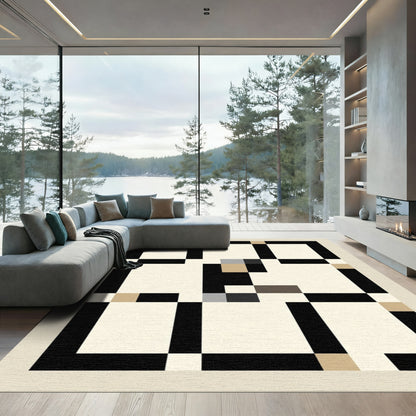 Abstract Black Tan Square Grid Rug