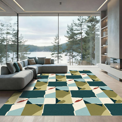 Abstract Teal Olive Crimson Checkerboard Rug