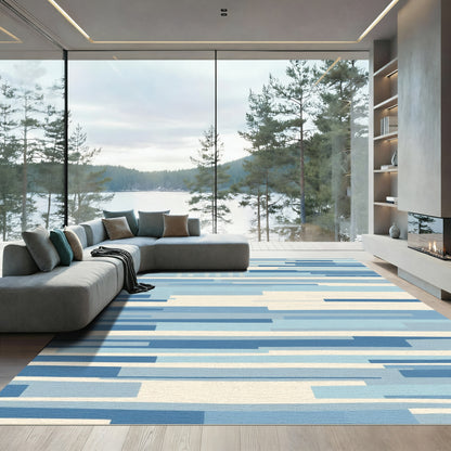 Abstract Blue And Cream Lines Rug