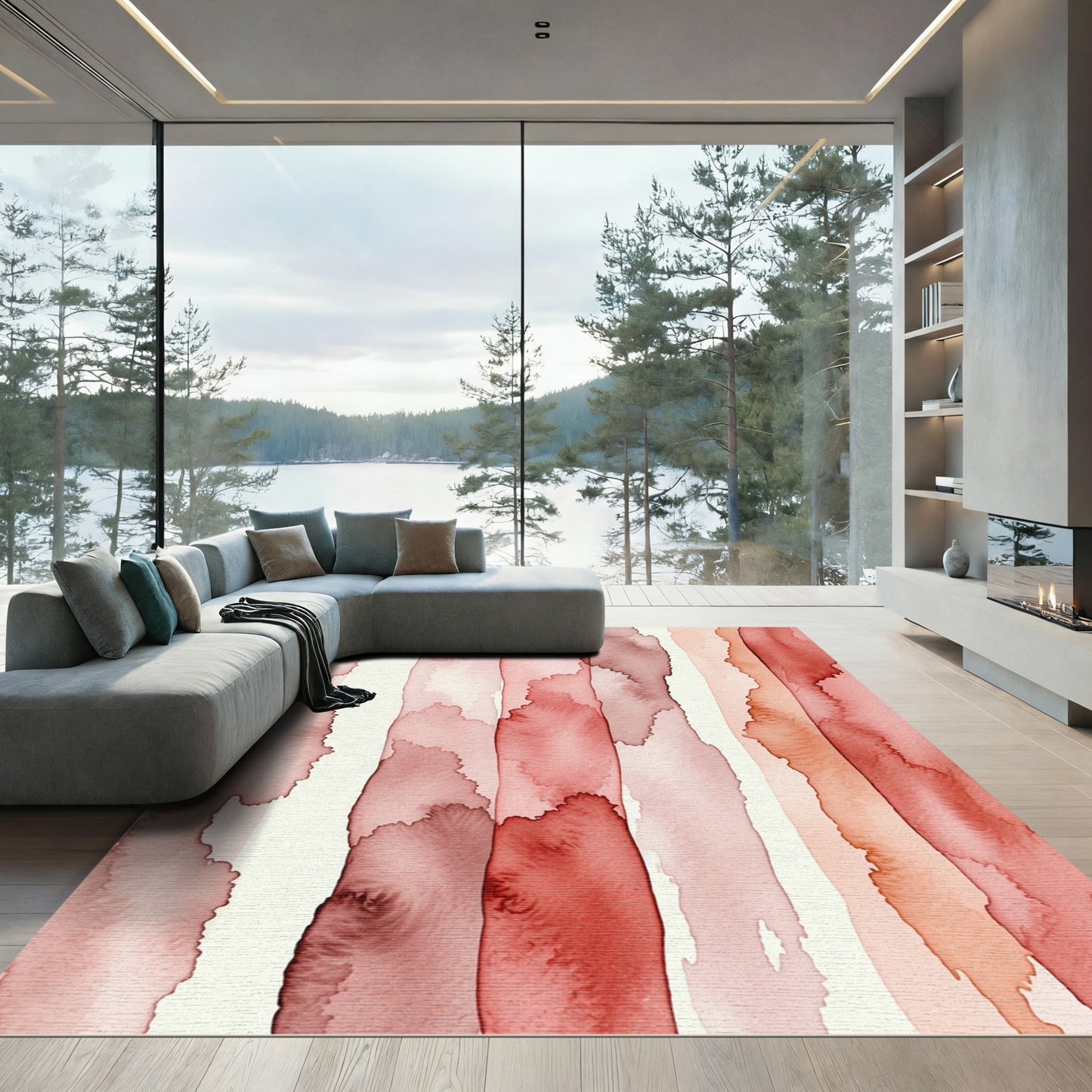Crimson Washed Vertical Stripe Watercolor Rug