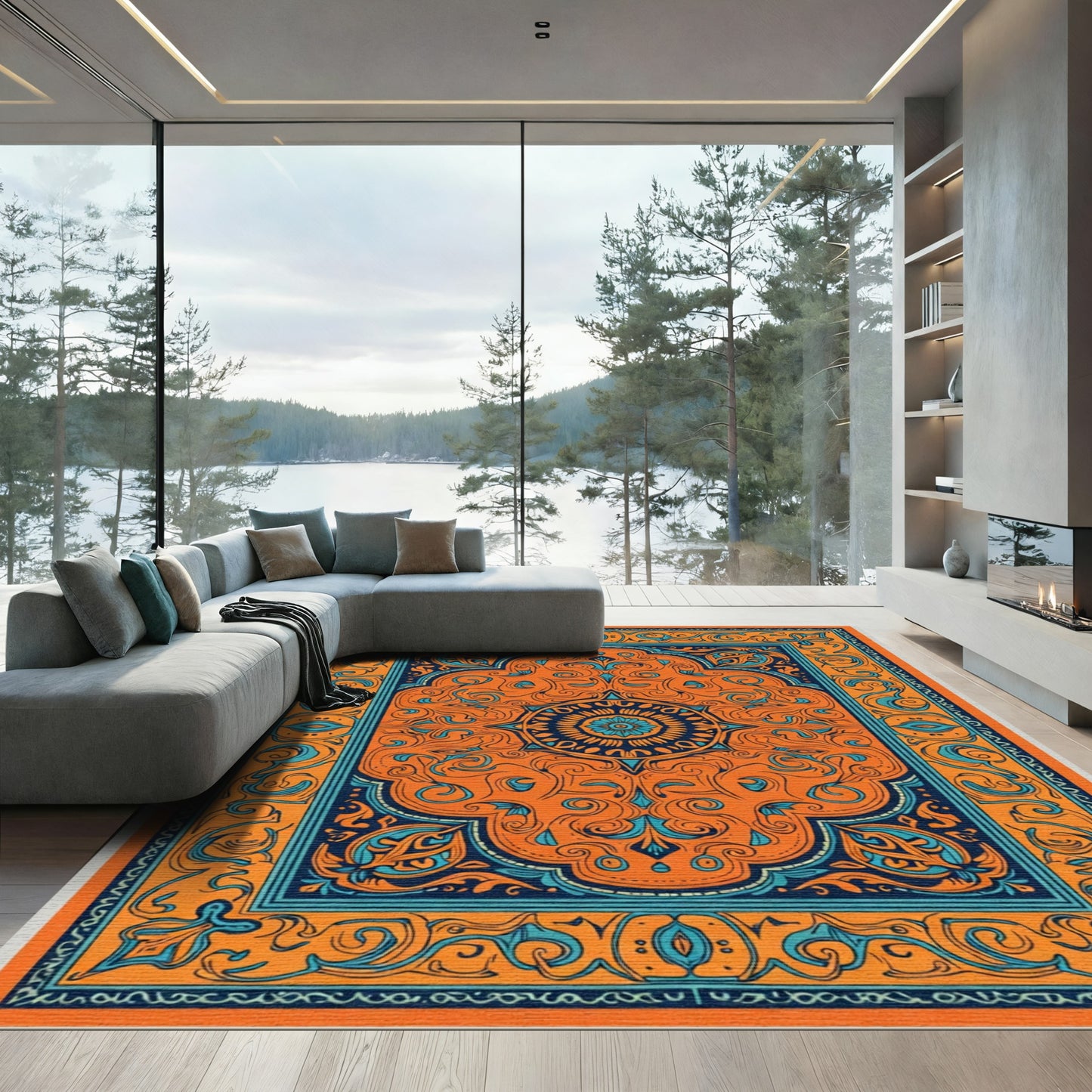 Bold Orange Teal Medallion Mandala Rug