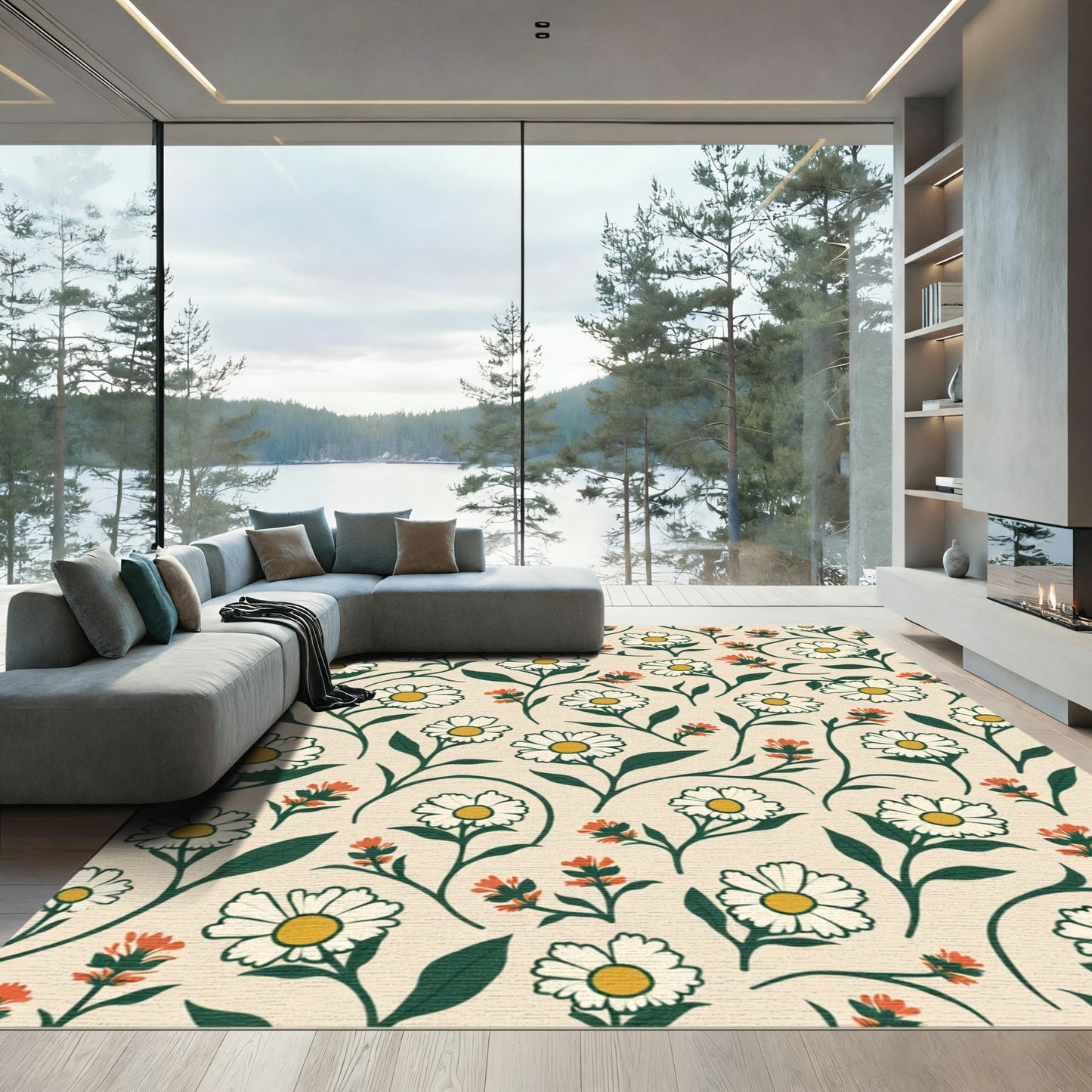 Cream White Daisy Floral Vine Rug