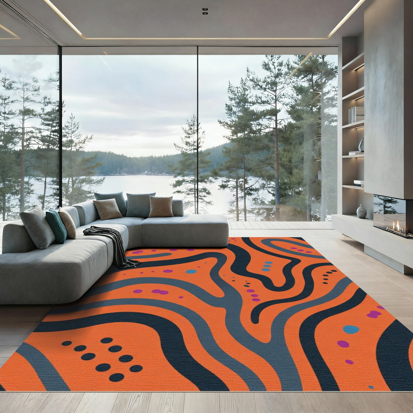 Abstract Orange Flowing Waves Rug