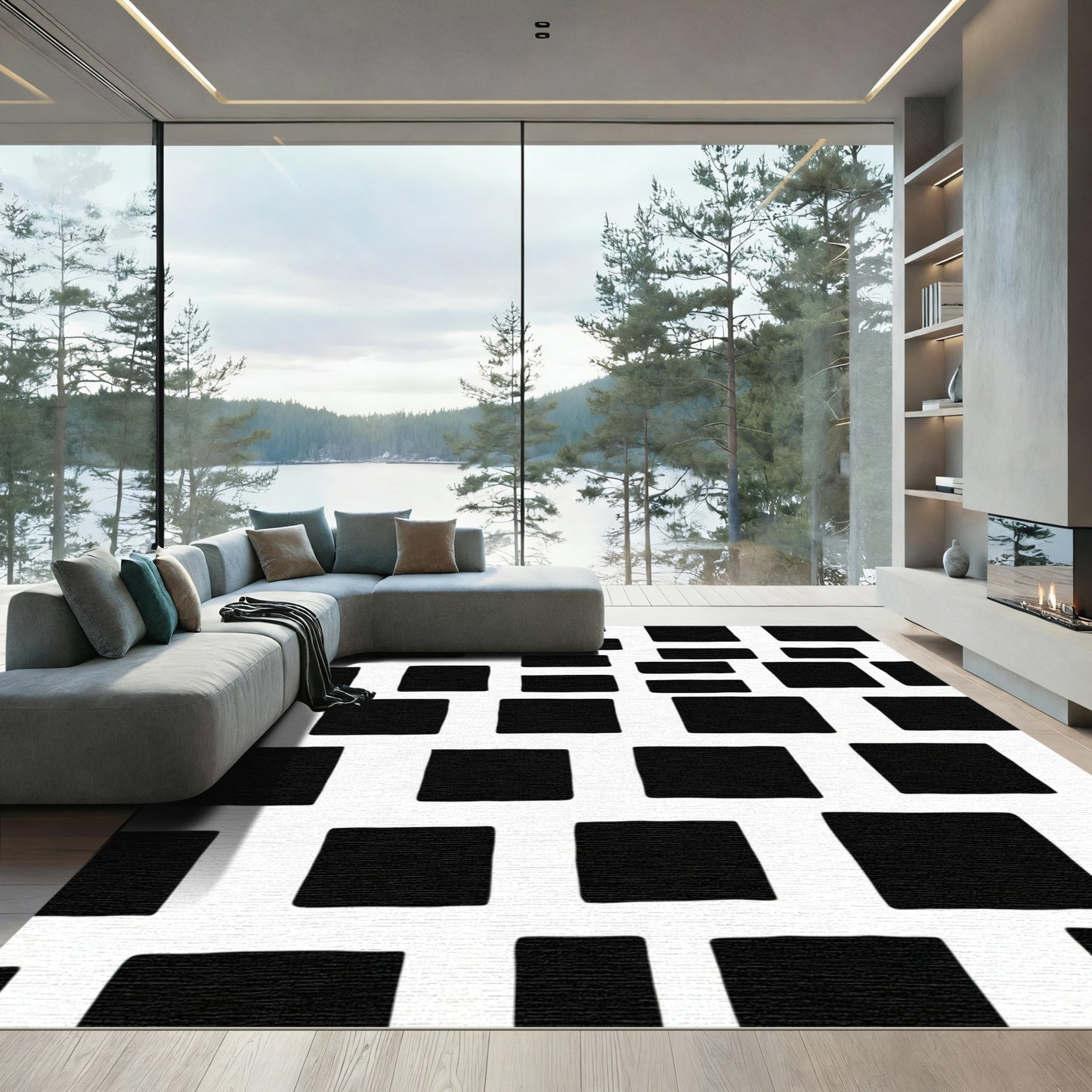 Bold black solid squares composition Rug