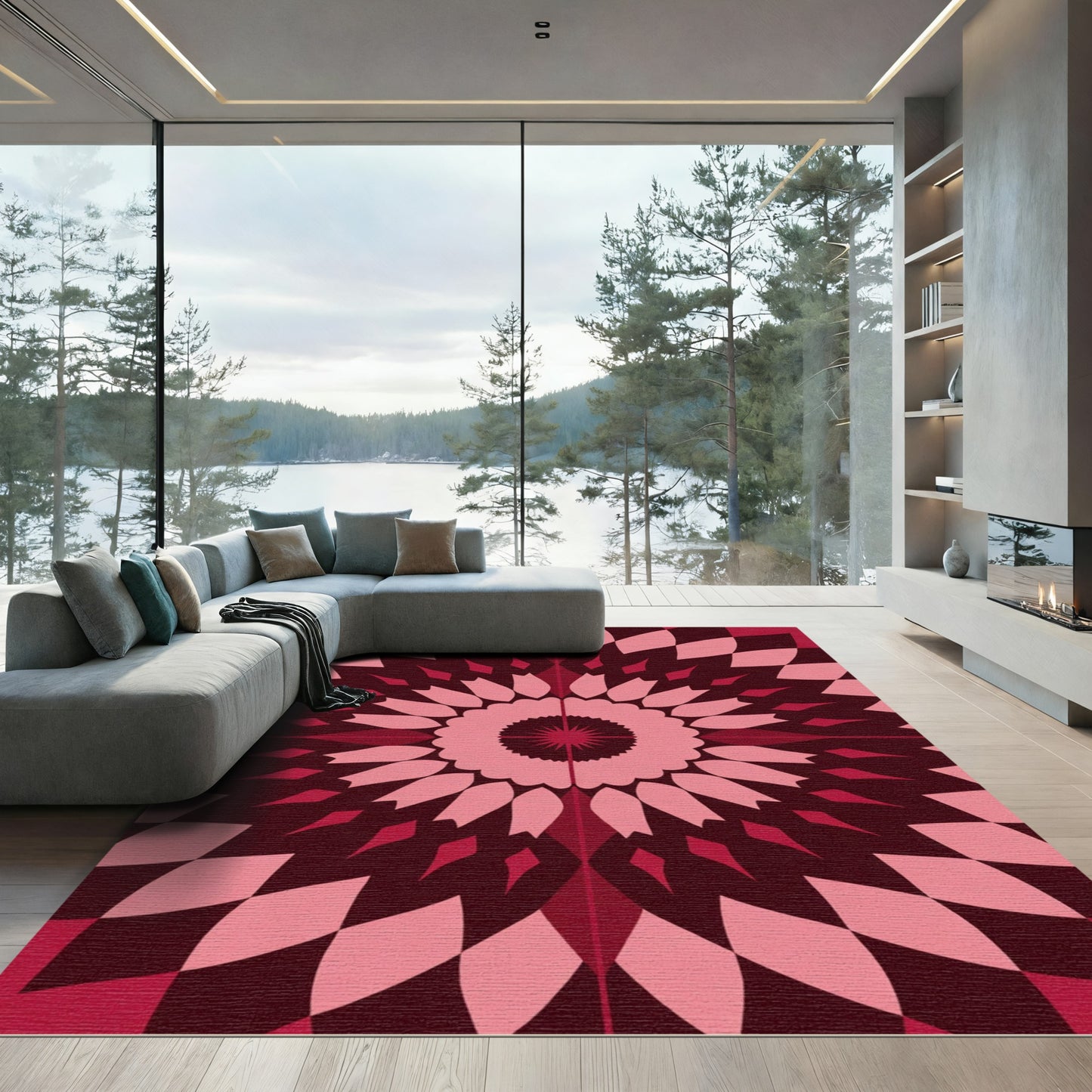 Radiant Crimson Floral Geometric Rug