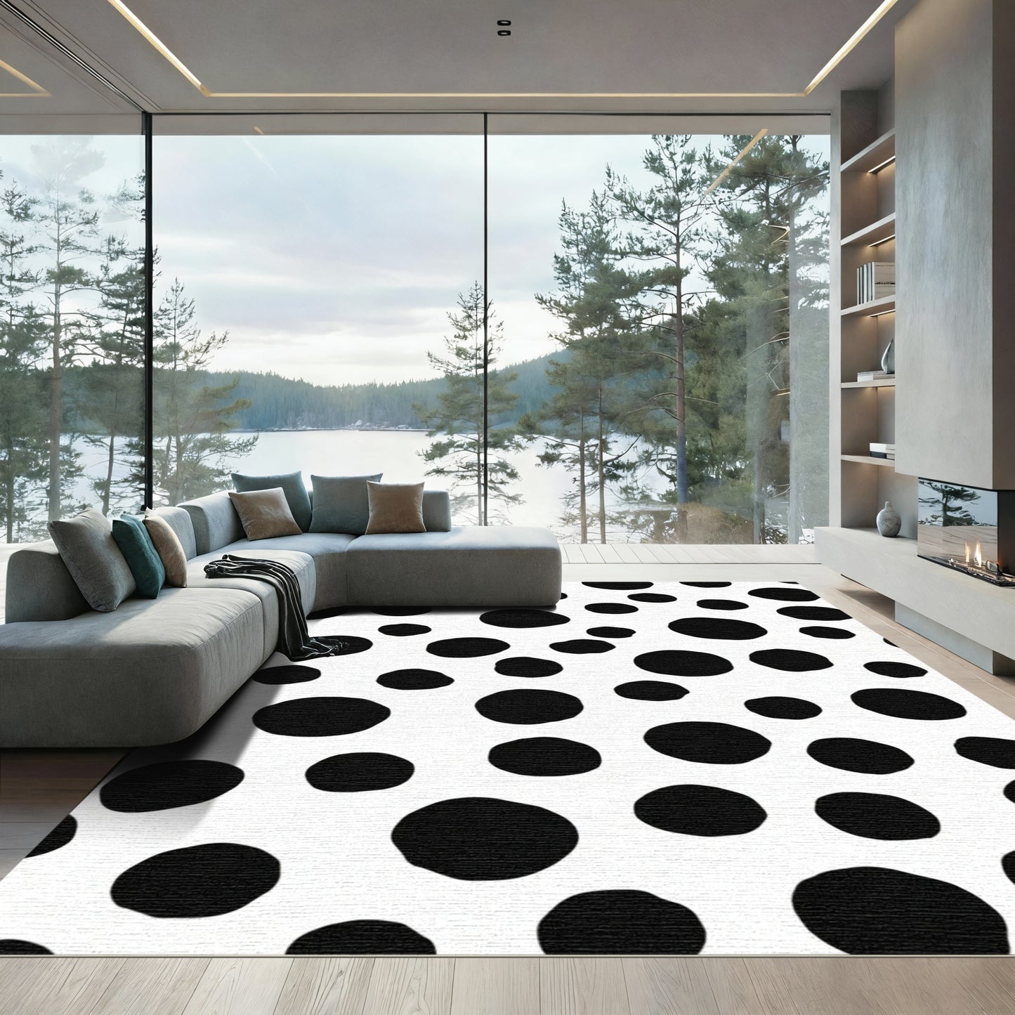 Black Dots Contemporary White Circles Rug