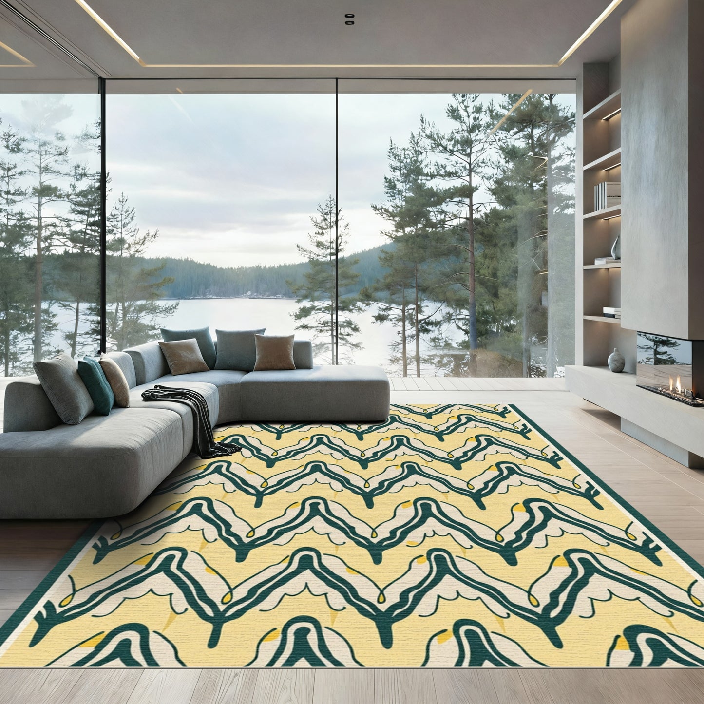 Art Deco Emerald Yellow Chevron Rug