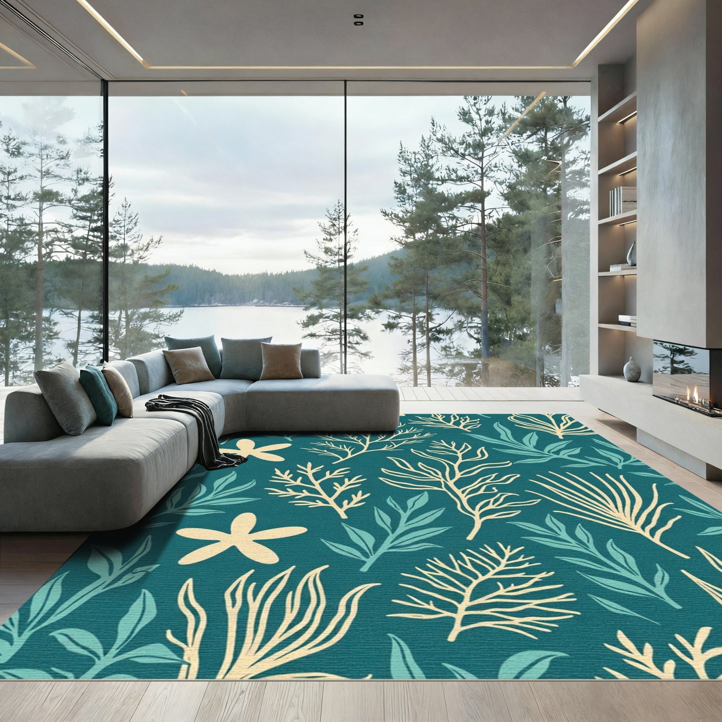 Coastal Coral Leaf Starfish Teal Rug
