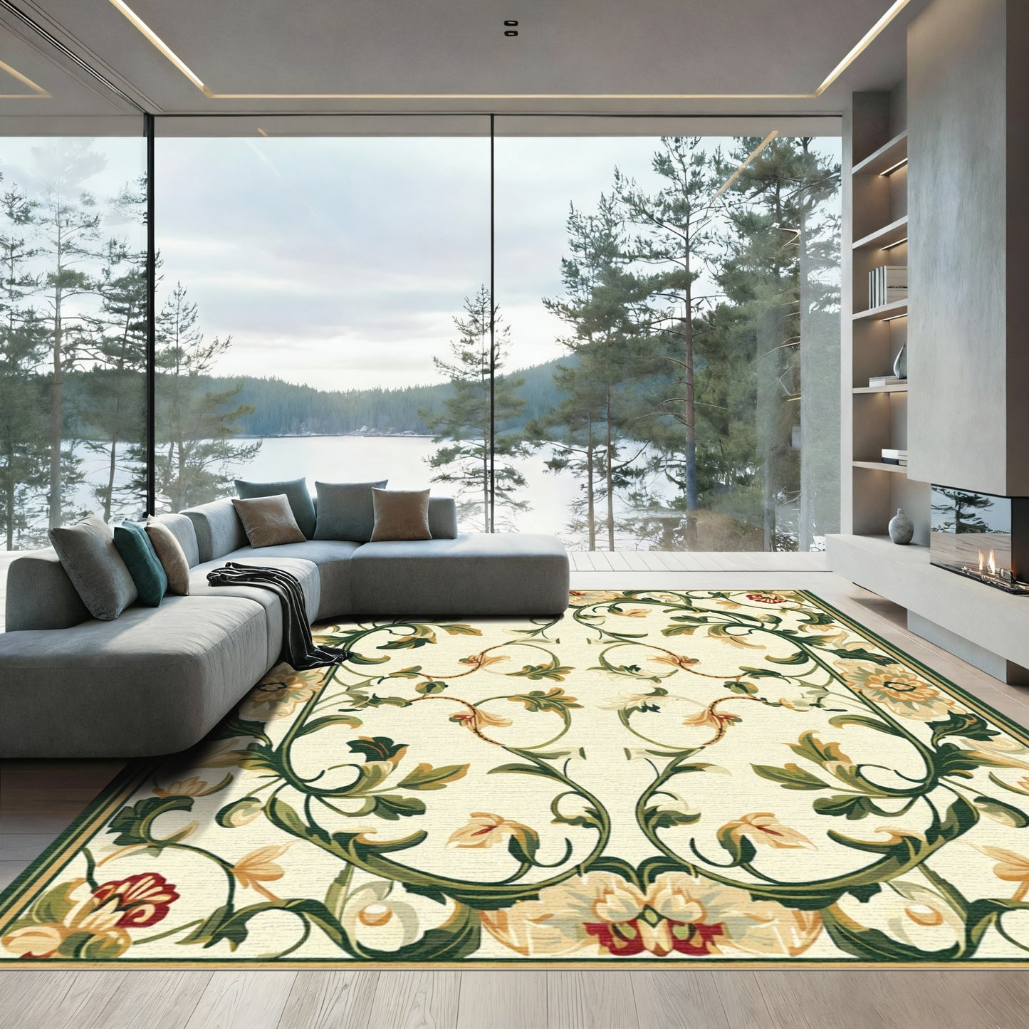 Ornate Cream Floral Vine Rug