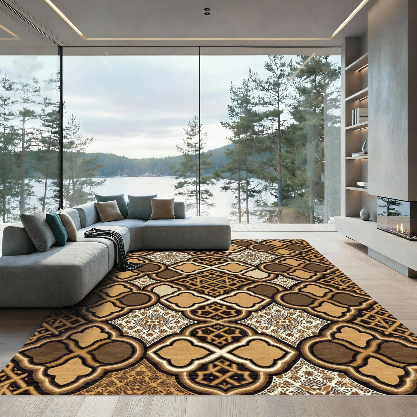 Brown Golden Arabesque Lattice Work Rug