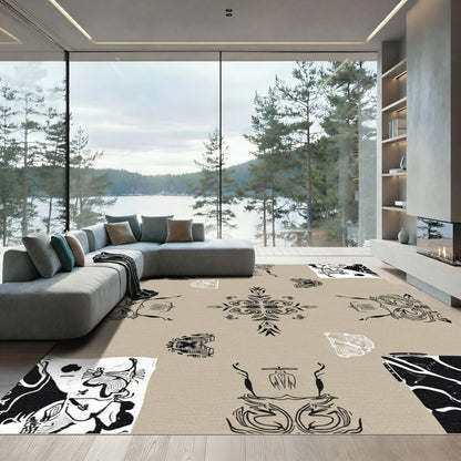 Black White Abstract Organic Medallion Rug