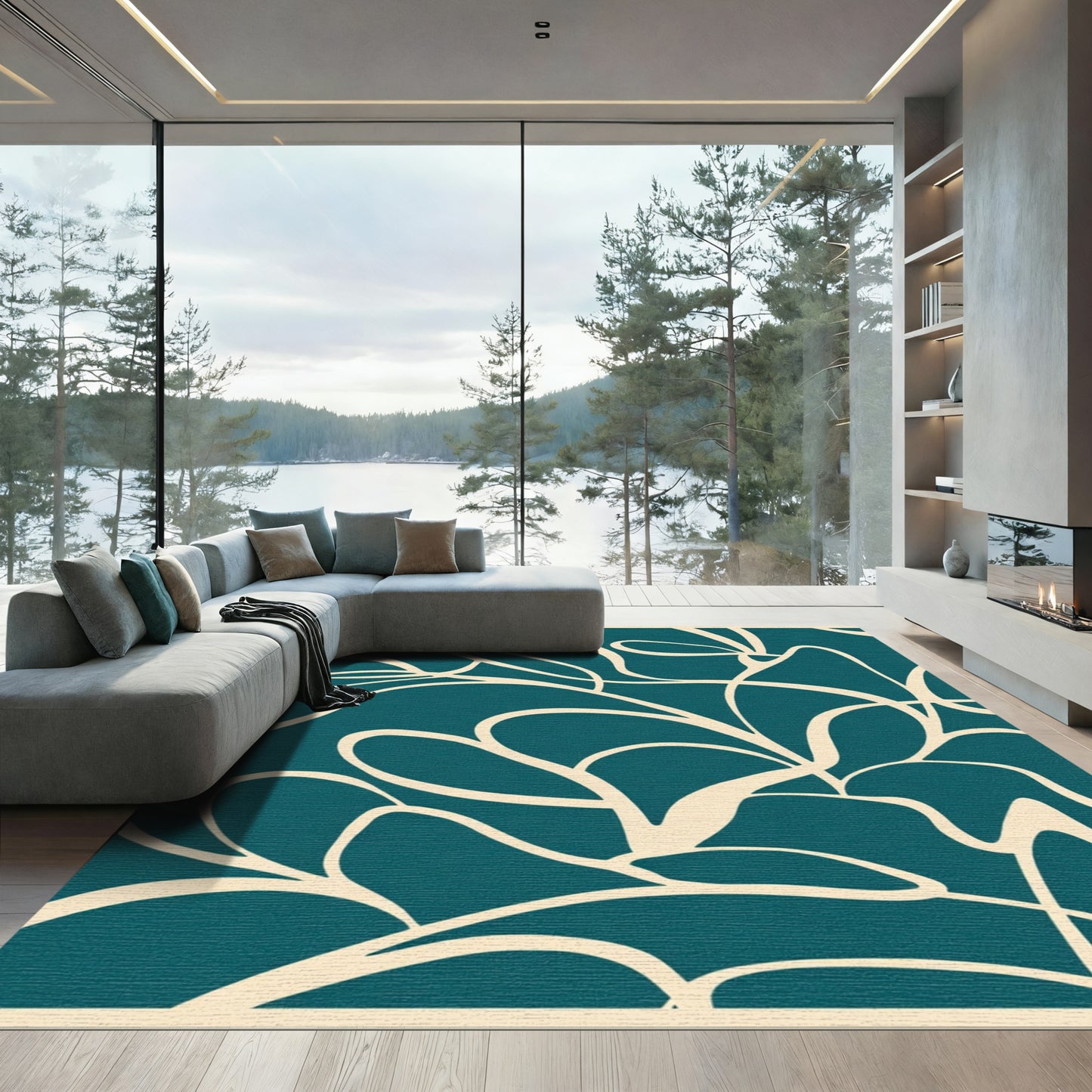Teal Cream Organic Flowing Lines Rug