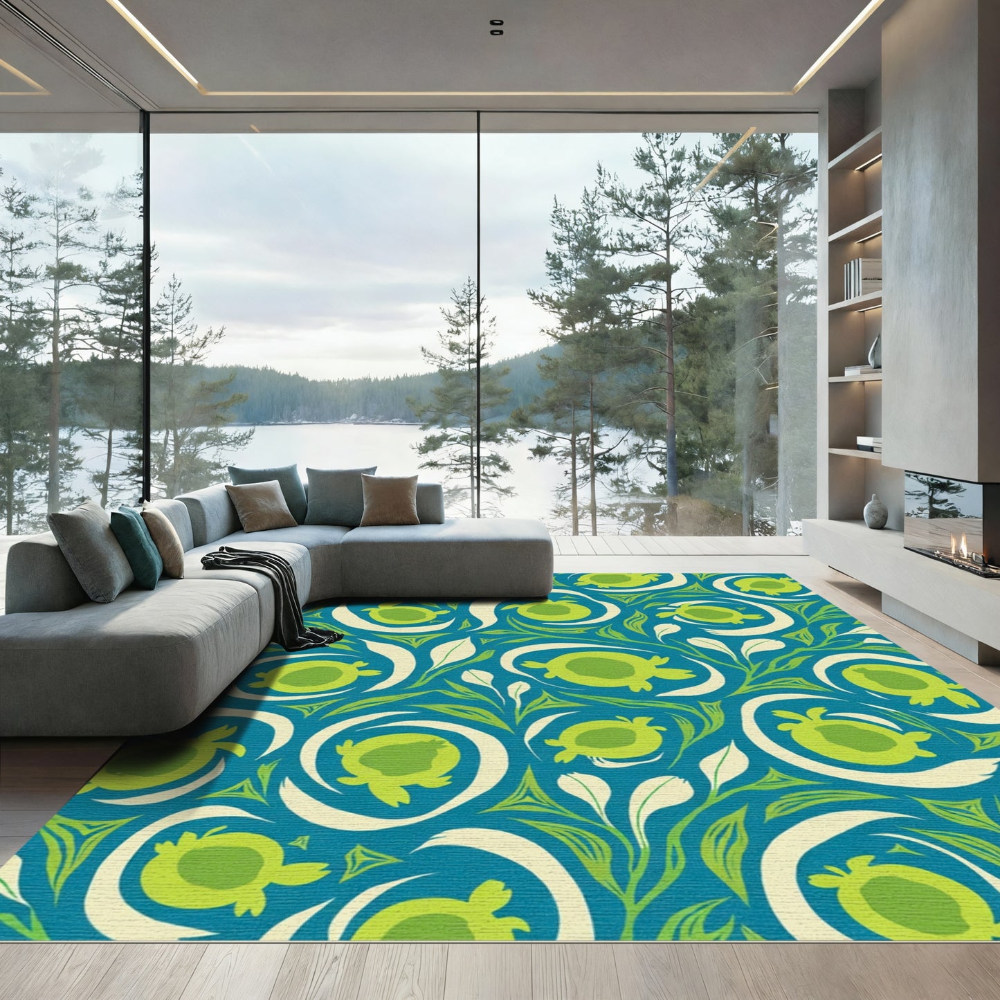 Whimsical Teal Green Turtle Swirl Rug