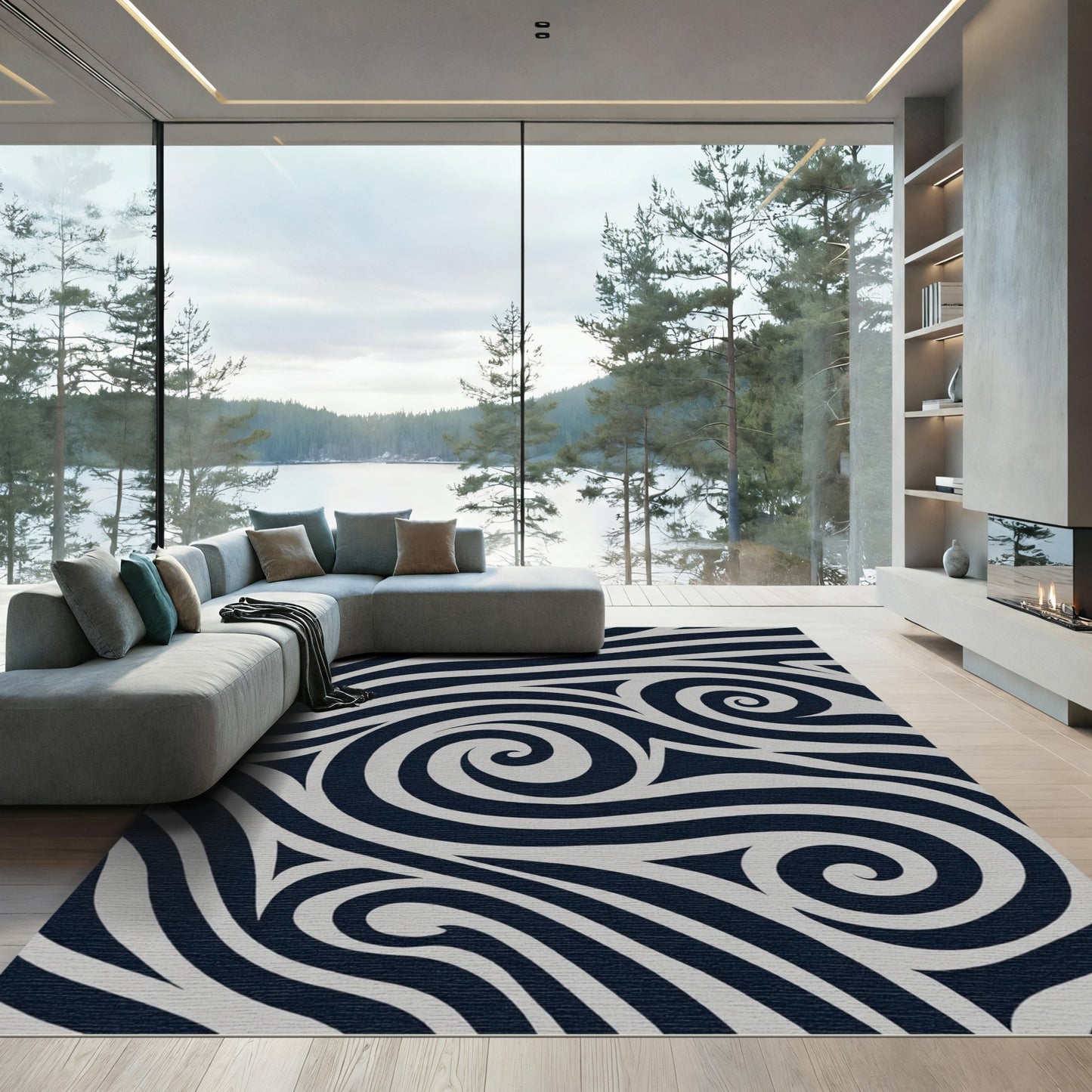 Dark Blue Swirling Lines Abstract Rug