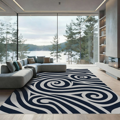 Dark Blue Swirling Lines Abstract Rug