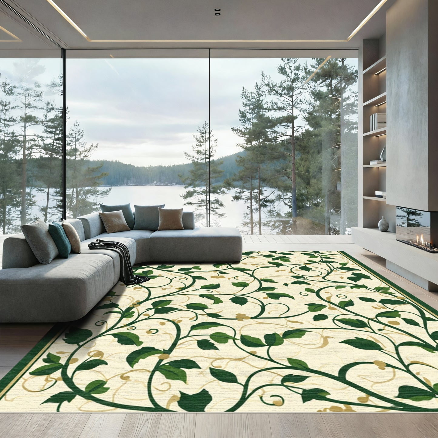 Cream Green Vine Scroll Flourish Rug