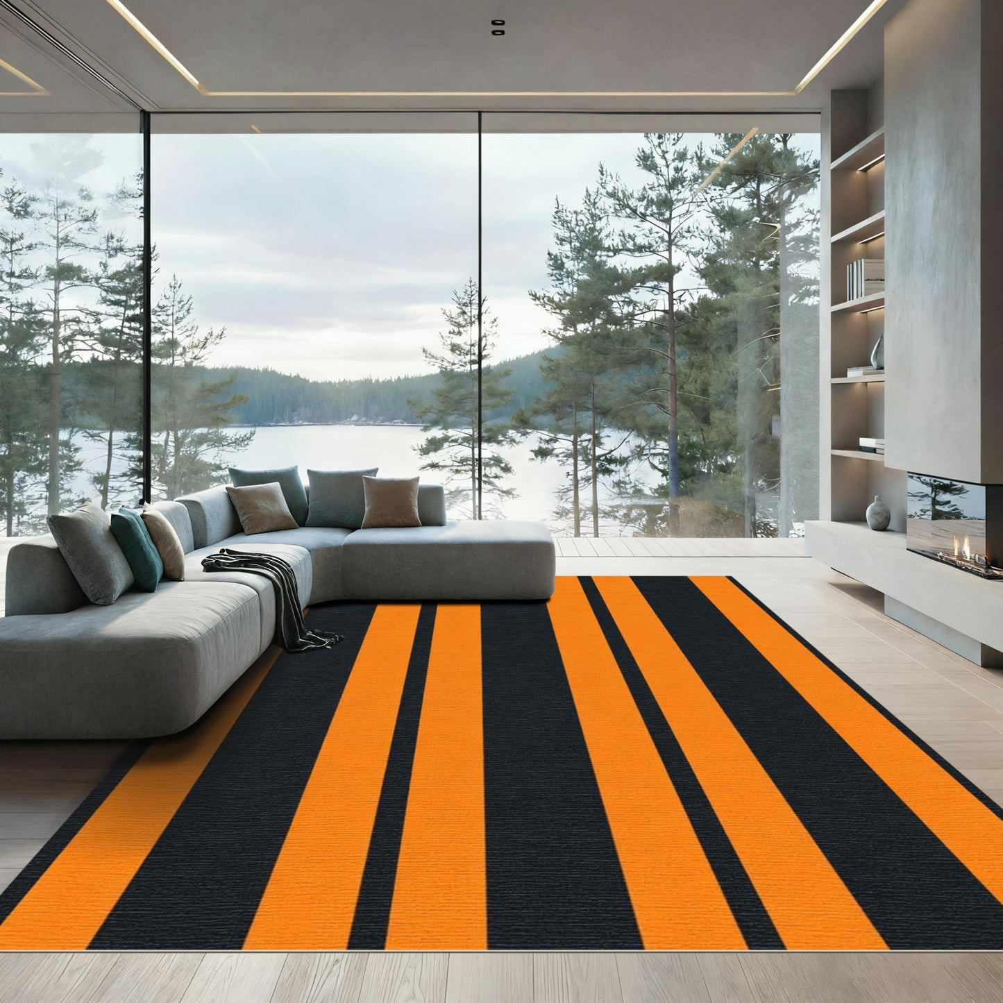 Bold Orange Black Vertical Stripe Rug