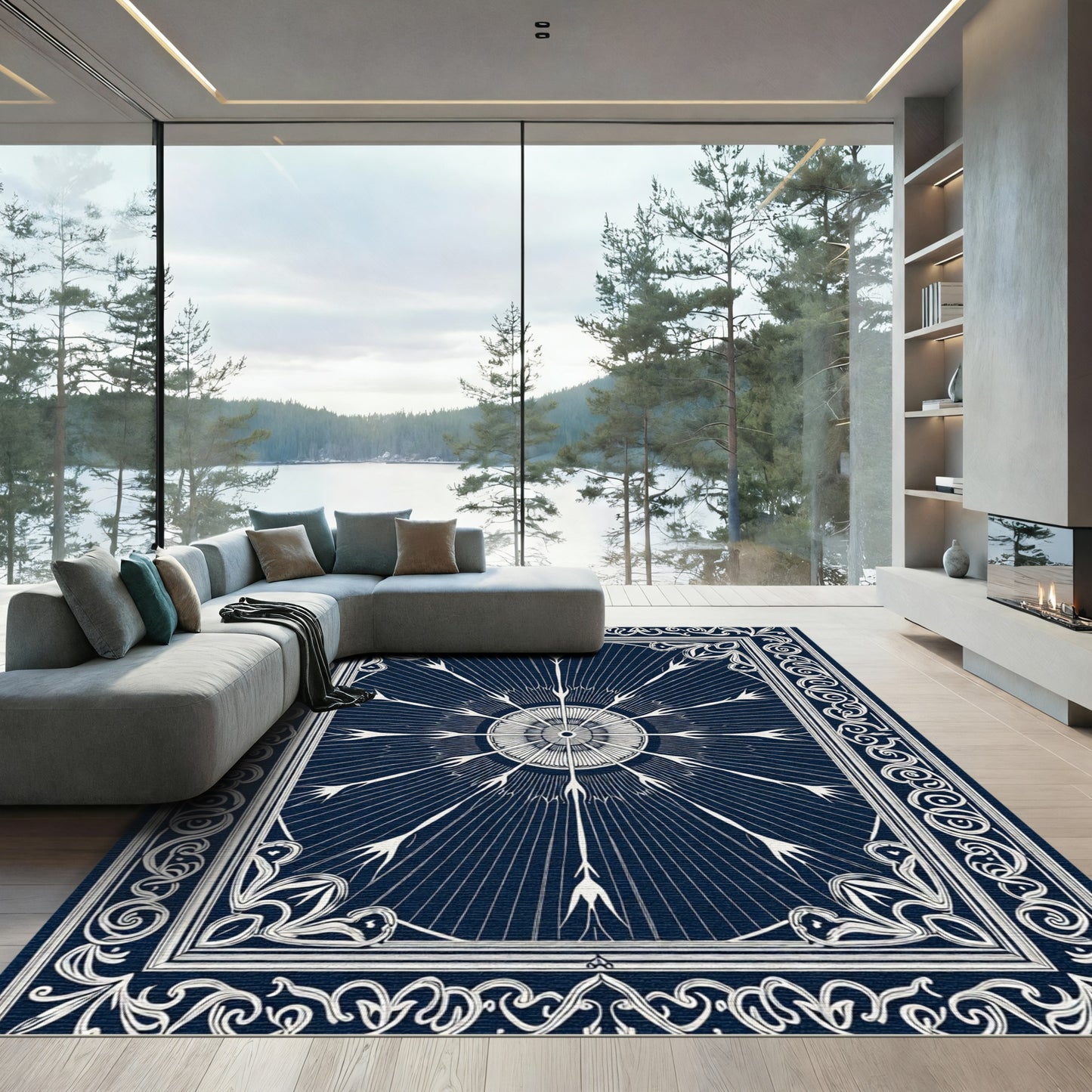 Navy White Sunburst Medallion Borders Rug