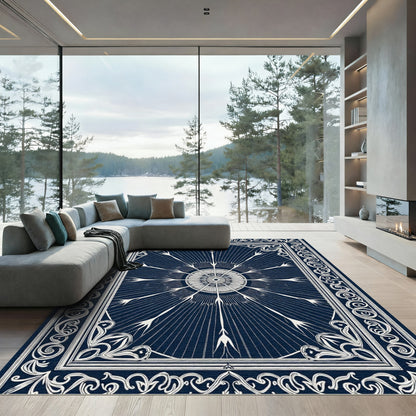 Navy White Sunburst Medallion Borders Rug