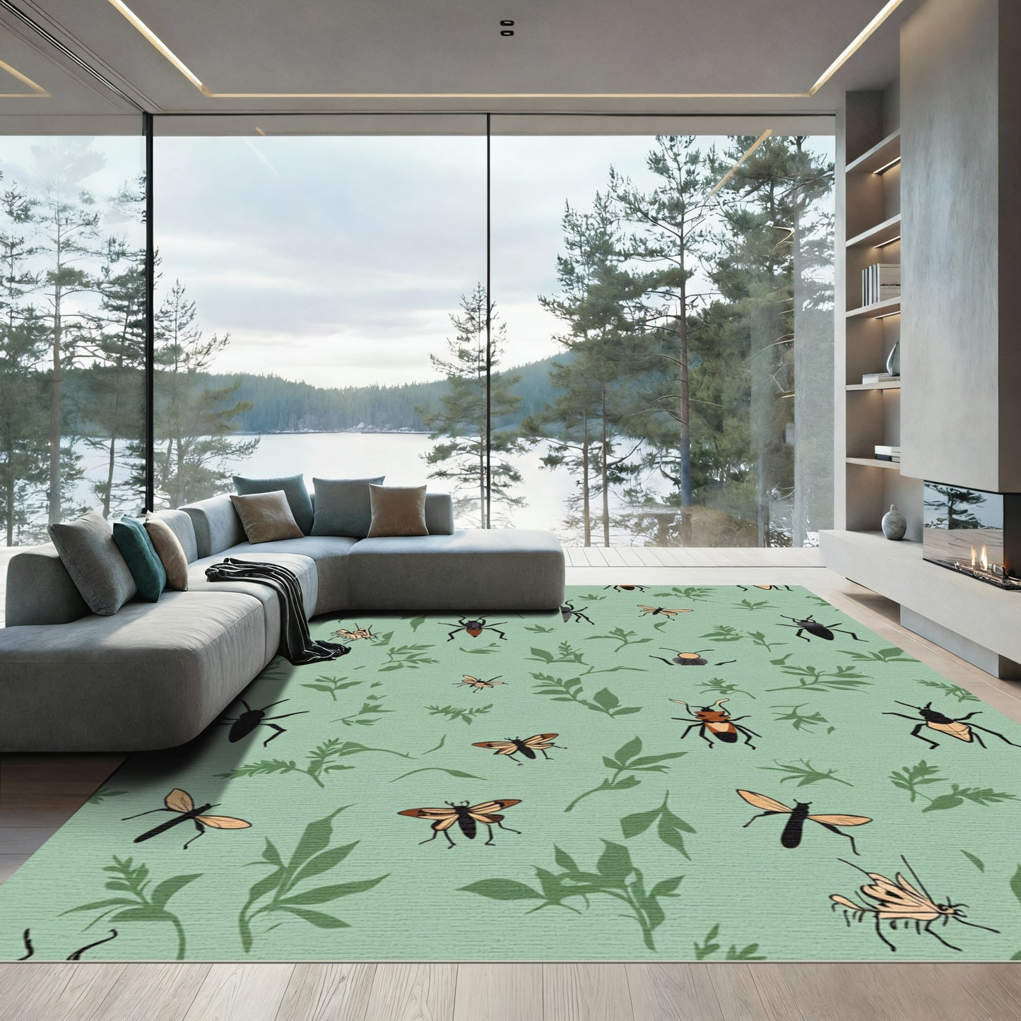Green Insect And Leaf Scatter Pattern Rug